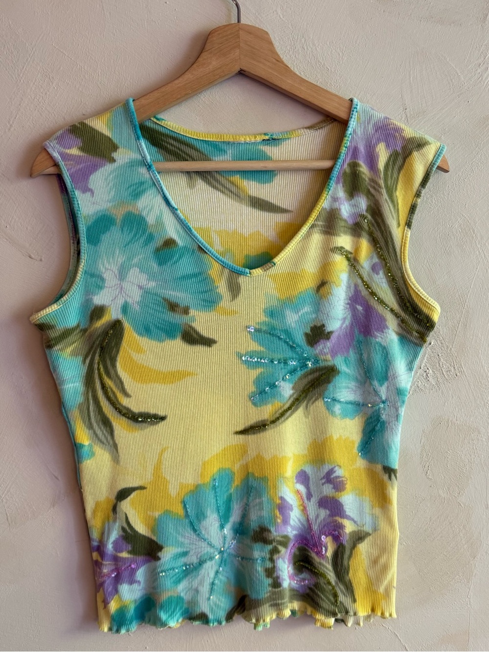 Y2K | Floral Ribbed Tank Top | Sequin Detail Yellow Blue Purple|